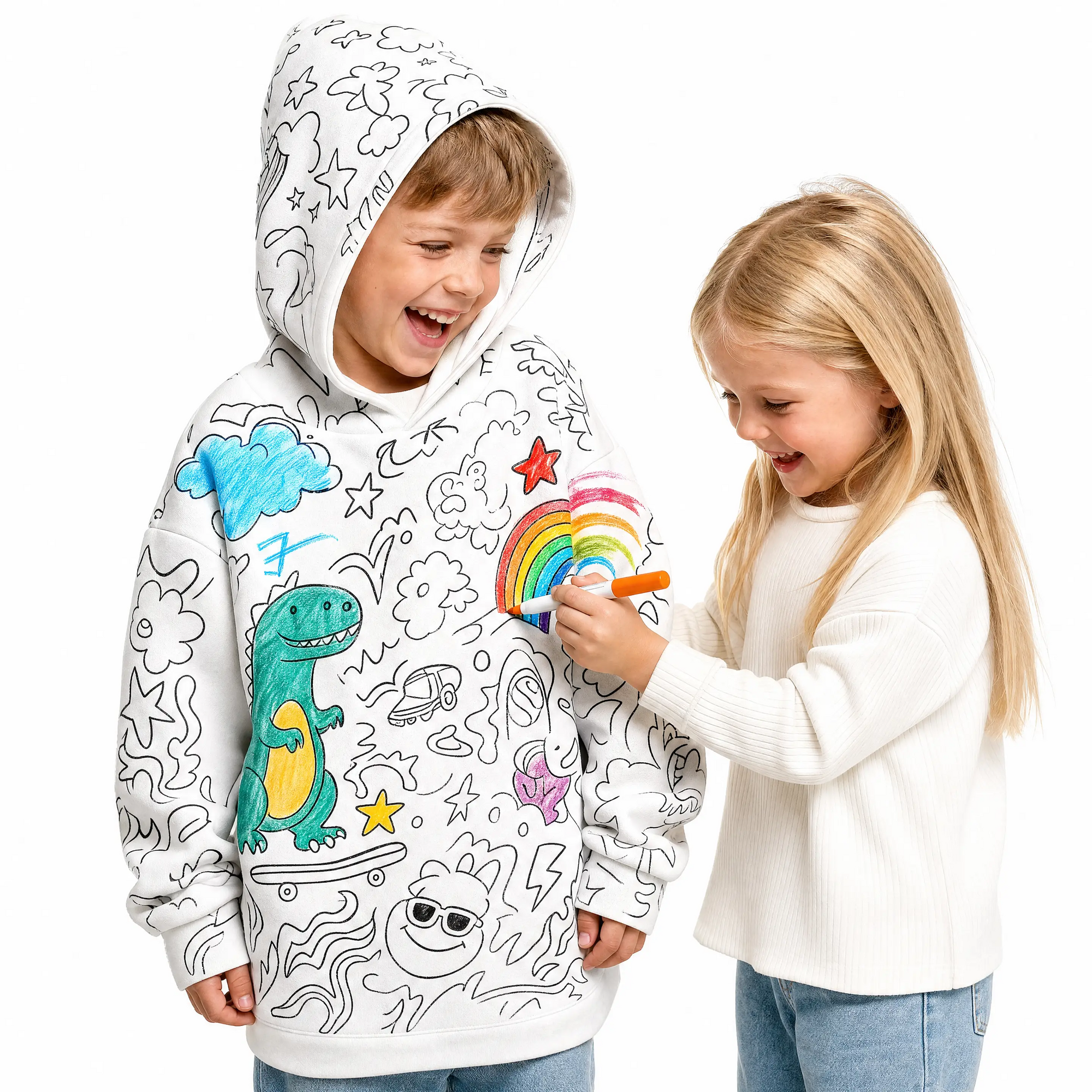 A child wearing the Colorens Canvas Hoodie, half coloured in